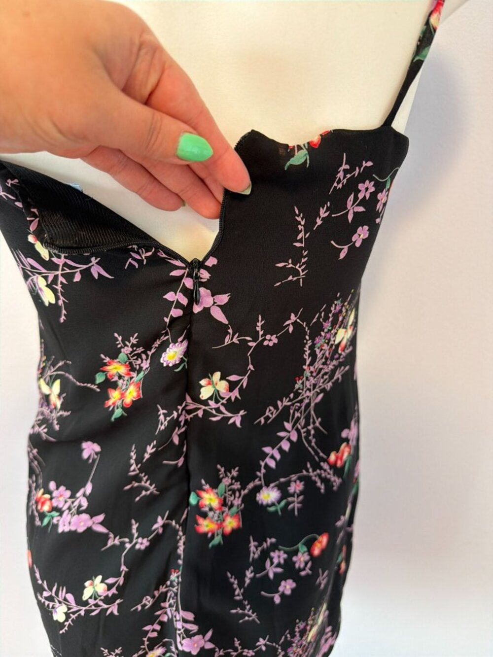 Vintage 90s Y2K Whimsigoth Grunge Black Floral Mini Ditsy Slip Dress Size 3 - Picture 5 of 7